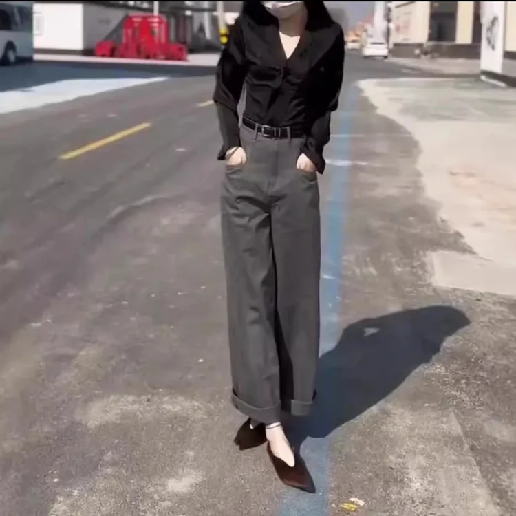 早秋长袖V领上衣高腰休闲阔腿裤女装