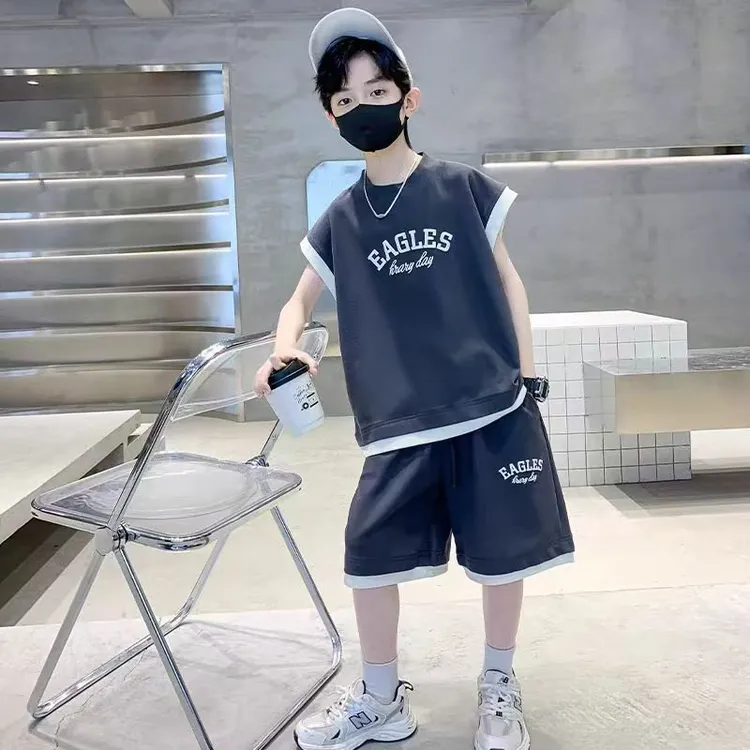 男童新款夏装无袖背心运动套装中大童洋气酷帅短袖短裤宝宝两件套