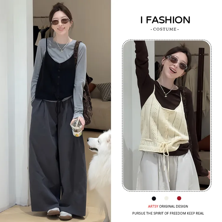 韩系风时尚百搭套装女2025春秋新款洋气显瘦上衣背心阔腿裤三件套