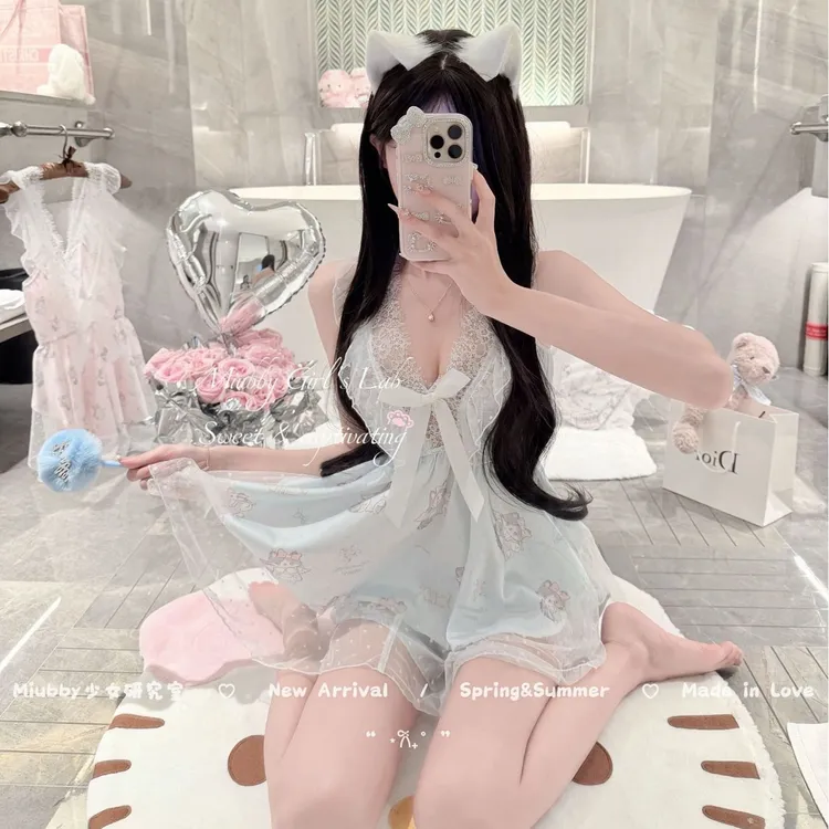 纯欲性感睡裙甜美猫咪印花蕾丝深V吊带睡衣2025新款ins连衣裙蕾丝