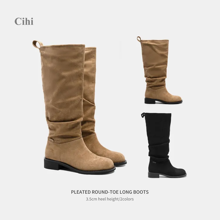 Cihi'Fjaka' 褶皱设计 绒面堆堆圆头骑士靴长靴