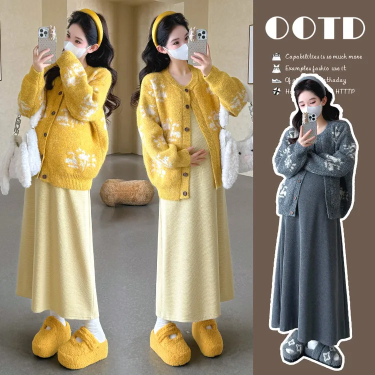 时髦孕妇装新款秋冬韩系雪花加厚毛衣外套时尚吊带连衣裙两件套装