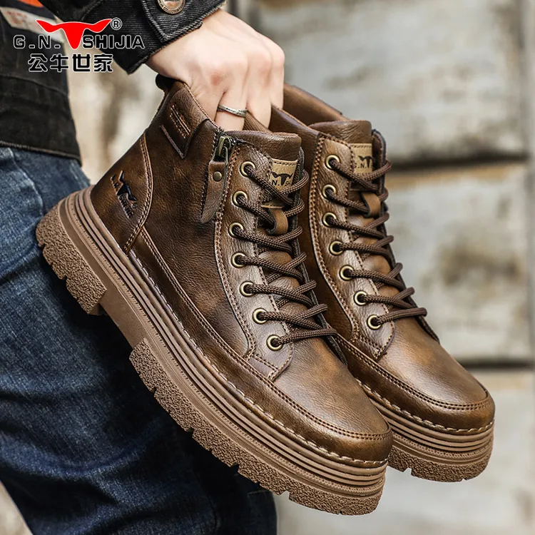 公牛世家高帮男靴夏季拉链款复古百搭工装靴子防水防滑厚底马丁靴