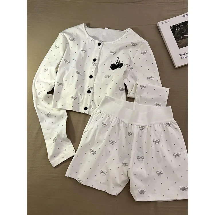 日系休闲甜美波点蝴蝶结睡衣女夏季爆款长袖短裤可外穿家居服套装