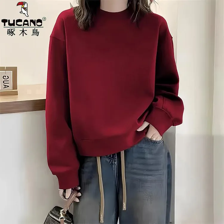啄木鸟纯棉时尚百搭港式圆领春秋长袖卫衣女纯色韩版减龄休闲上衣