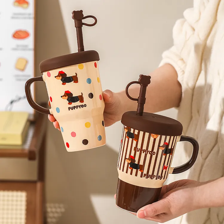 川岛屋高颜值马克杯带盖陶瓷水杯家用办公室咖啡杯子大容量吸管杯