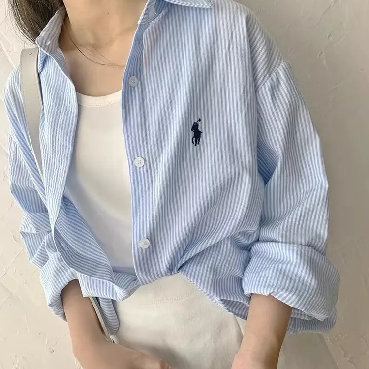 【小王专属】夏季防晒竖条前刺绣小马宽松衬衫