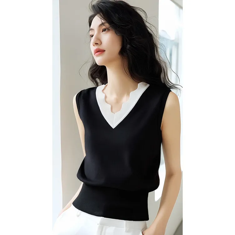 晚白【新品】2025上衣撞色V领针织背心女25022505