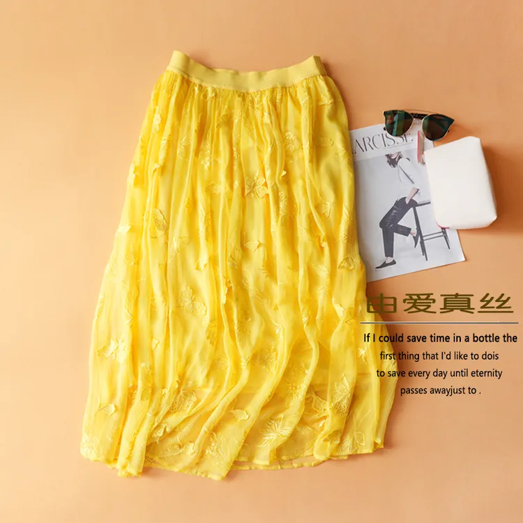 100%桑蚕丝半身裙女夏季松紧腰显瘦度假风纯色刺绣高级感真丝半裙