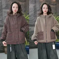 JJ【双面穿】短款花色保暖连帽常规款棉服棉衣毛呢立领复古冬季棉服