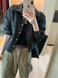 WEN 25新款黑色条纹翻领长袖衬衫上衣WWC0280