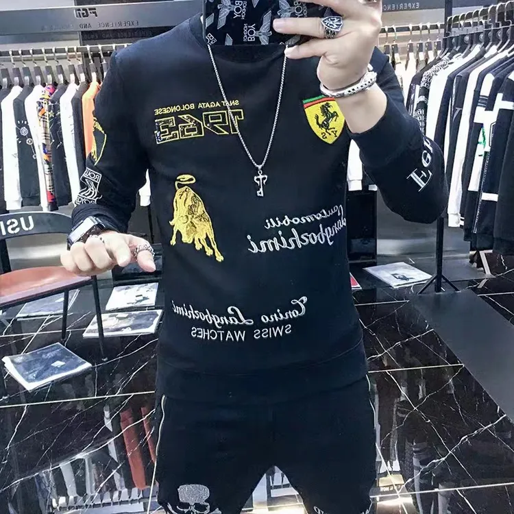 男士新款长袖男圆领上衣卫衣欧洲站2023刺绣潮流春秋时尚款潮牌
