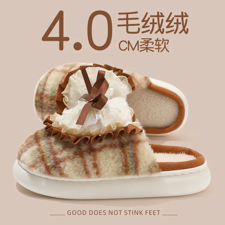 FZT蝴蝶结居家棉拖鞋女士冬季2025新款厚底毛绒绒保暖防滑棉拖鞋