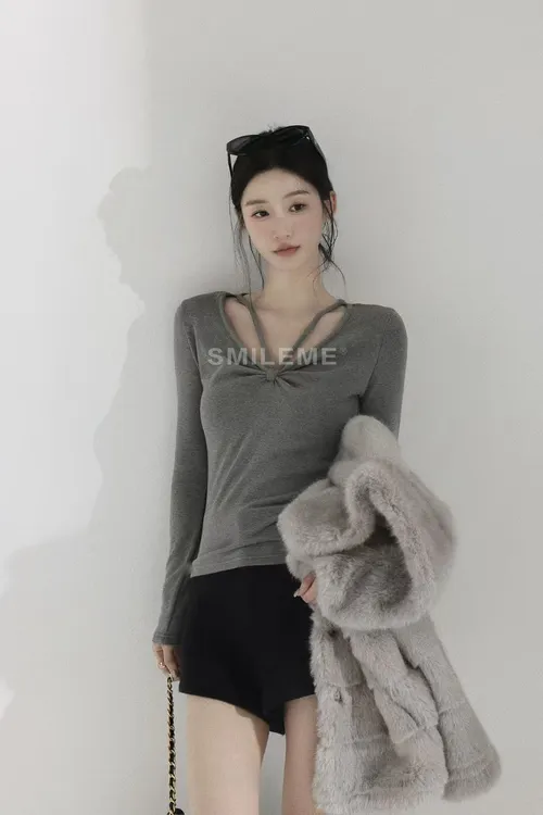 3-SMILEME【岁晏温存】气质百搭不规则修身交叉毛针织衫MK15225412