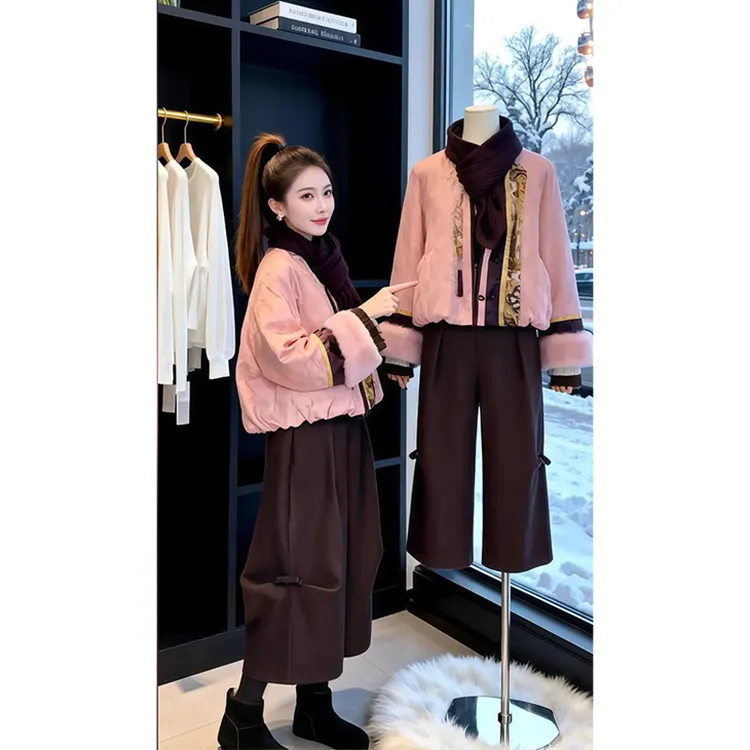 圆领长袖上衣高腰休闲裤两件套女2025冬季新款时尚减龄气质套装