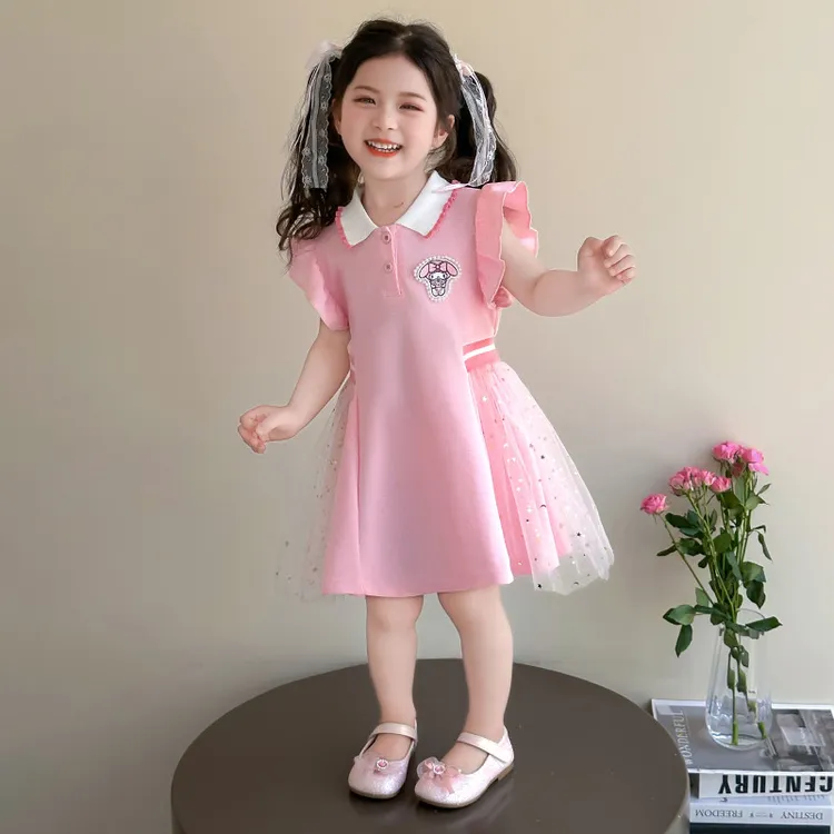 女童美乐蒂飞袖连衣裙夏季2025新款儿童蝴蝶结polo裙宝宝公主裙子