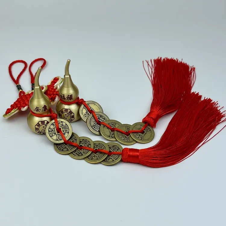 高端定制加厚加大纯铜五帝钱黄铜刻字刻图葫芦中国结吉祥结挂件
