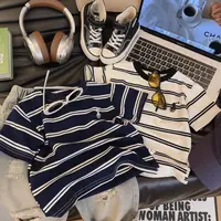 男女童高品质面料儿童夏季刺绣短袖T棉质洋气女童条纹上衣