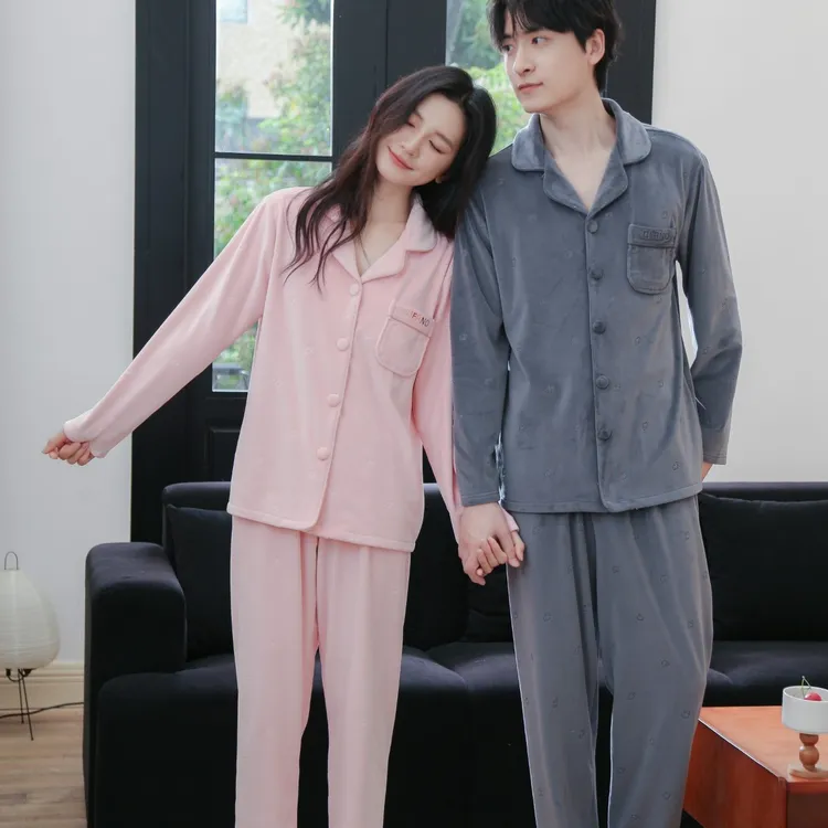 B20425冬季新款海岛绒简约长袖情侣睡衣男女士保暖舒适家居服套装