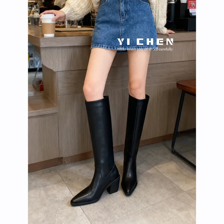 时尚百搭长靴女不过膝女小个子真皮粗腿胖mm大筒围高跟长筒骑士靴
