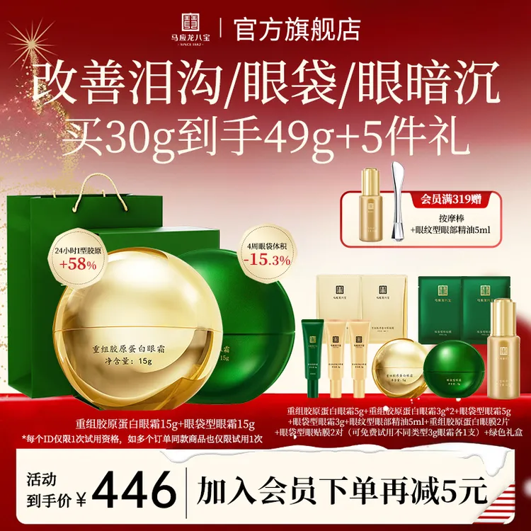 【改善眼袋泪沟凹陷松弛】马应龙八宝眼袋眼霜重组胶原蛋白眼霜套装