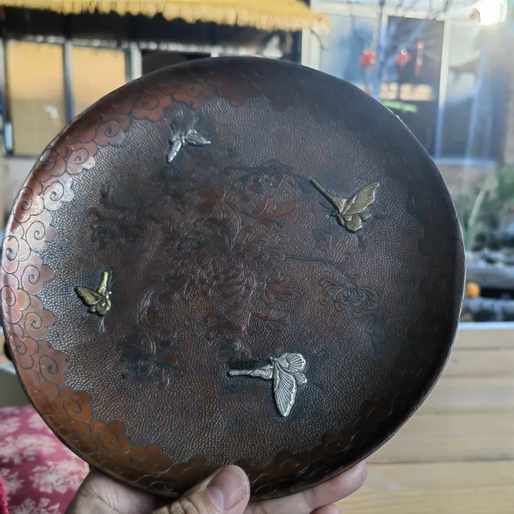 鹤庆手工錾克铜镶银坚果盘