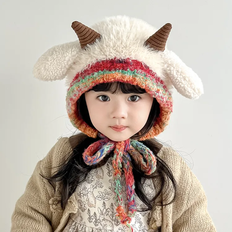 韩版可爱小羊儿童帽子秋冬季保暖加厚女童护耳帽男宝宝套头针织帽