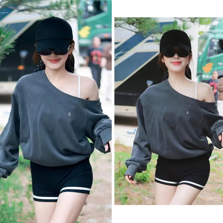 许我耀眼许妍赵露思同款卫衣韩版灰色套头斜领露肩长袖减龄上衣女