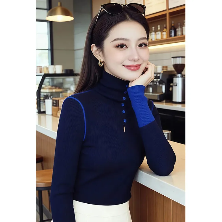 兹伊翰【靛蓝碎片】2026秋冬新款内搭打底衫女士时尚拼色修身针织衫