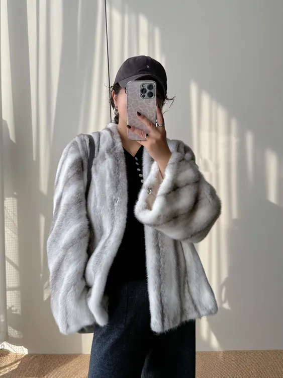 FC【银河】进口稀缺银十字貂大衣全抽刀V领喇叭袖水貂皮草外套女
