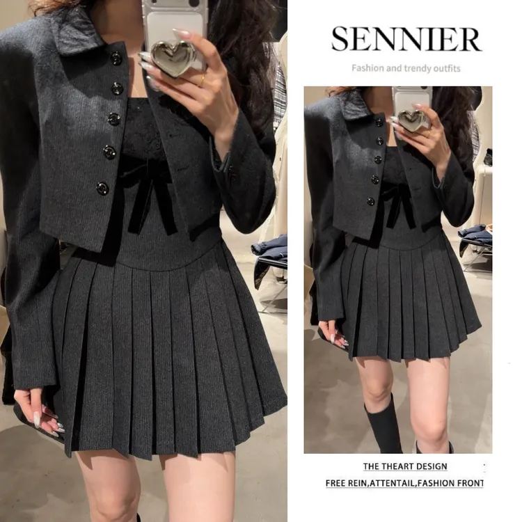 韩系穿搭女2026早春新款法式气质短款外套复古小香风连衣裙两件套