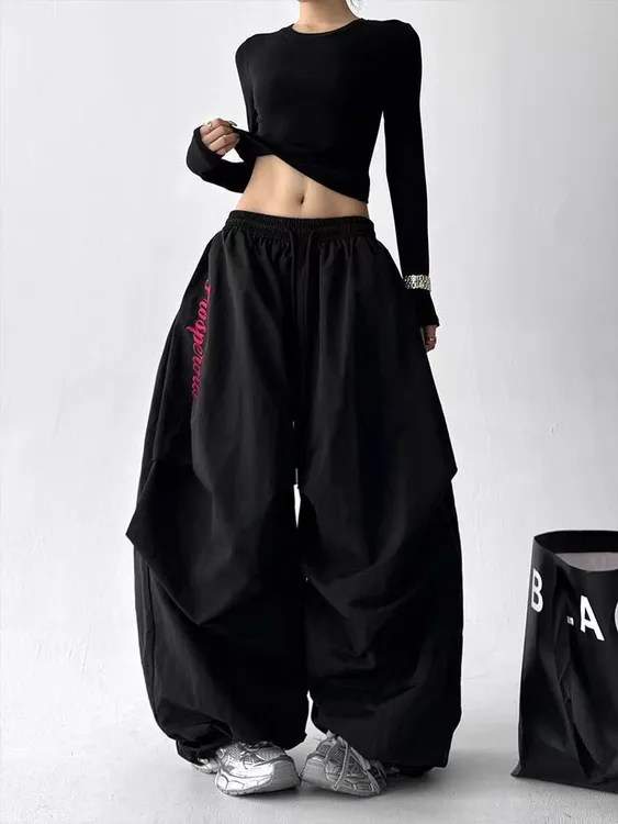 2025冬季新款加绒美式嘻哈街舞阔腿裤女宽松垂感高个子休闲滑雪裤