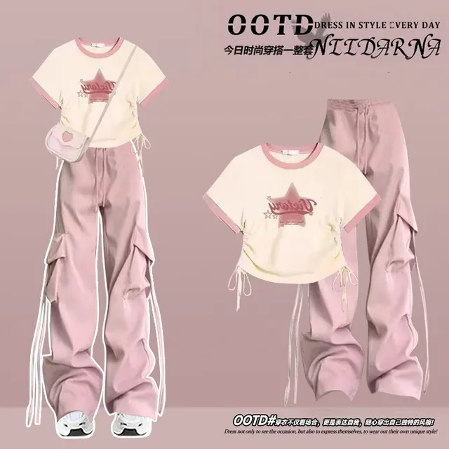 大童夏装少女套装初中学生洋气短袖上衣高腰显瘦工装阔腿裤两件套