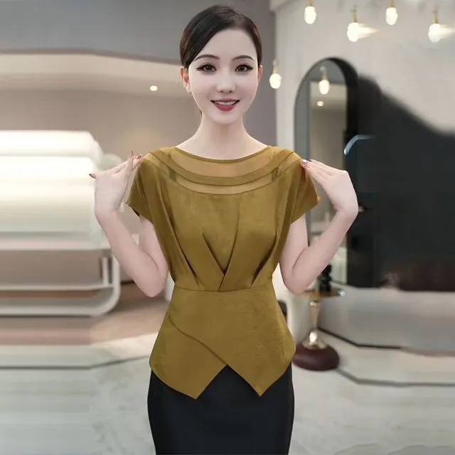 设计感气质网纱短袖衬衫女夏季新款洋气小众衬衣收腰显瘦百搭上衣