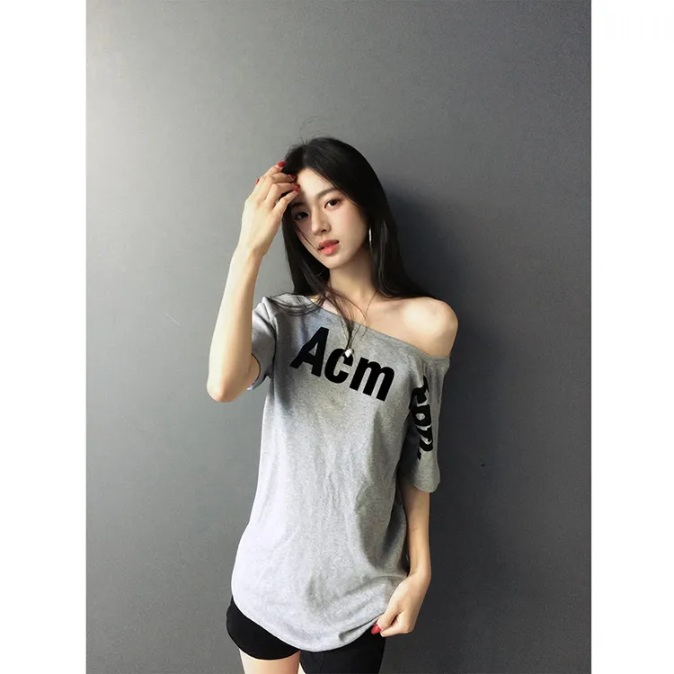 韩版设计感斜肩字母印花短袖T恤女夏季宽松显瘦时尚百搭小众上衣