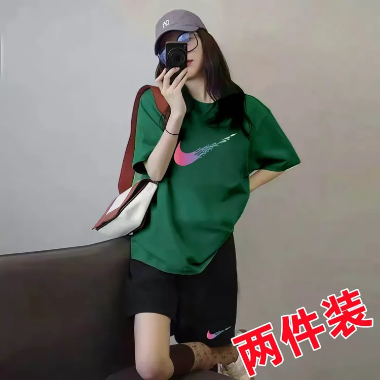 旗舰店奥特莱斯官方正品夏季墨绿色套装运动短裤两件ins短袖t恤女