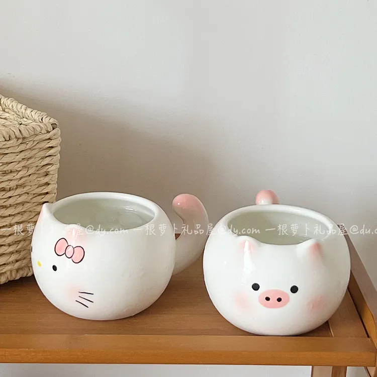 哈喽猫咪咖啡杯高颜值猪猪马克杯可爱拉花拿铁杯陶瓷杯生日礼物女