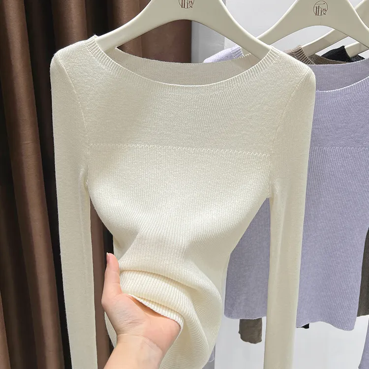 时髦气质一字领针织衫女爆款2025新款修身长袖打底衫软糯毛衣上衣