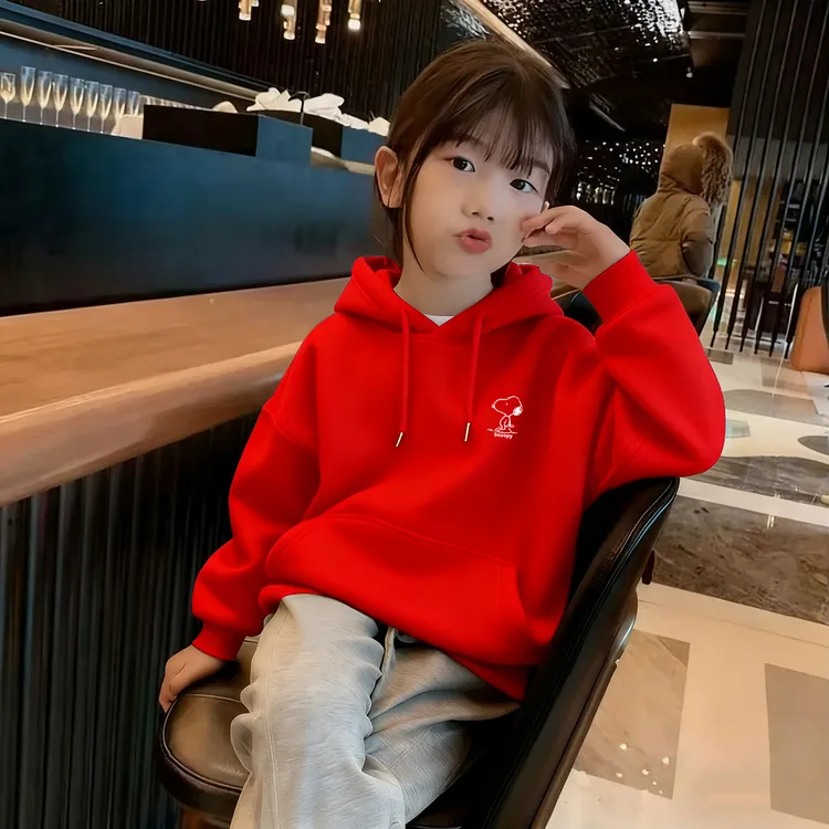 女童卫衣2025新款今年流行双11红色连帽上衣中大童百搭慵懒风长袖