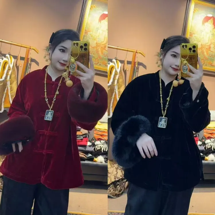 上新价~深圳2789加绒外套新中式丝绒盘扣加厚棉服老钱风大码外套