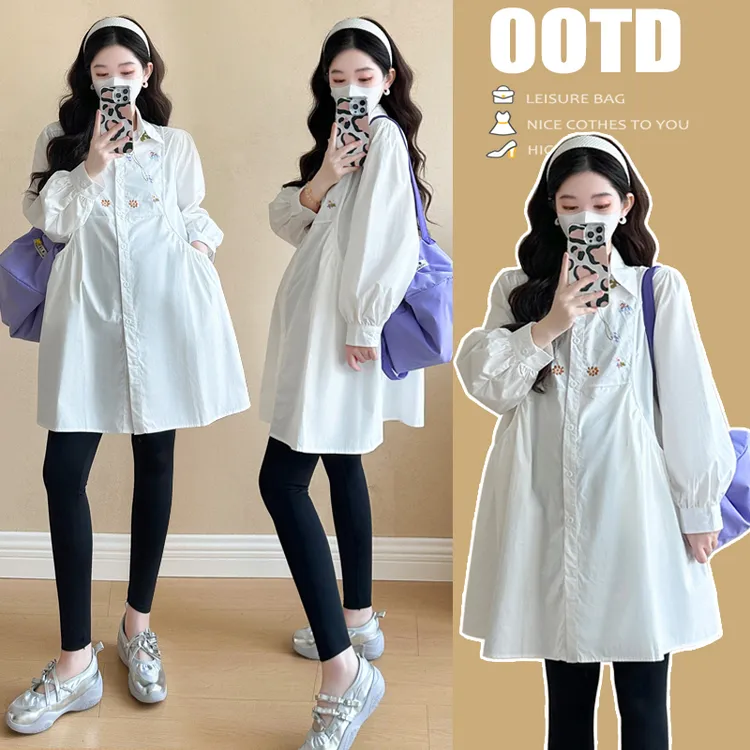 孕妇衬衫2025春秋时尚宽松显瘦洋气减龄百搭中长款刺绣衬衫连衣裙