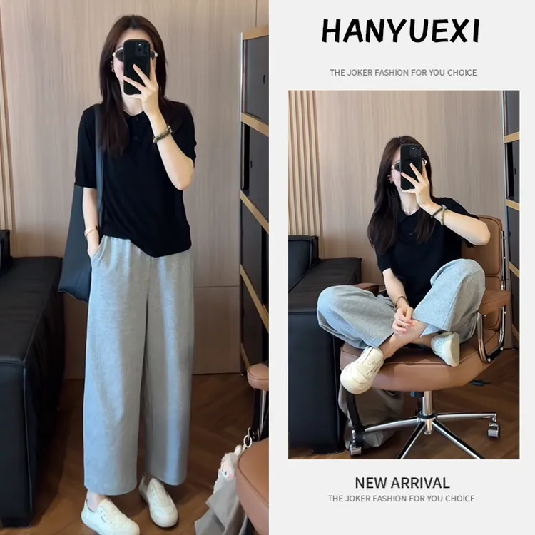 【现货】夏季一整套女装2025新款韩版显瘦翻领上衣减龄阔腿裤两件套