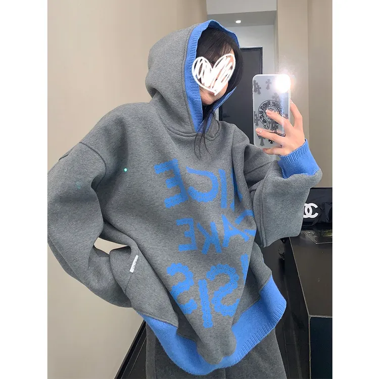 美式复古松弛感撞色加绒连帽卫衣女秋冬季宽松慵懒风显瘦帽衫上衣