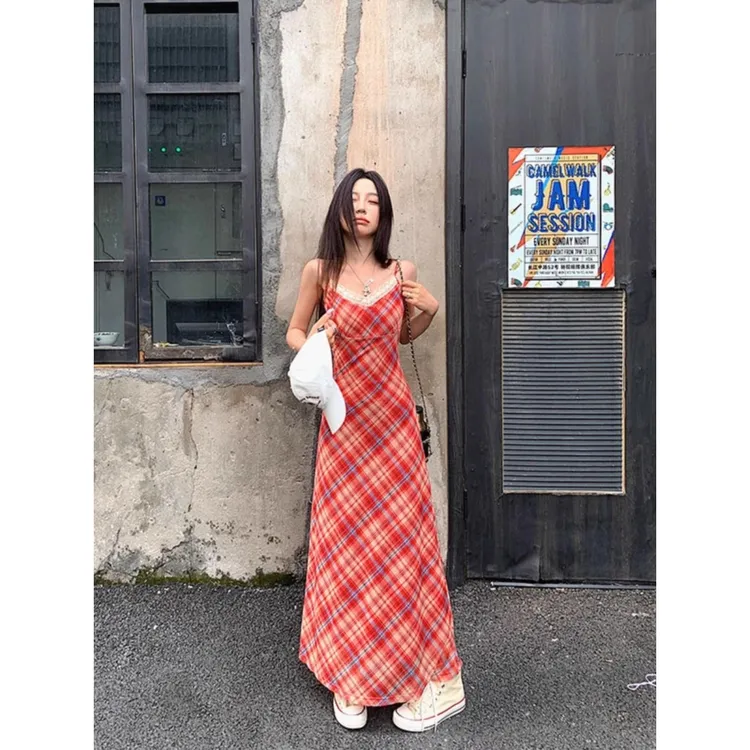 网纱+内里双层气质格纹吊带裙女海边度假风红色收腰连衣裙包臀裙