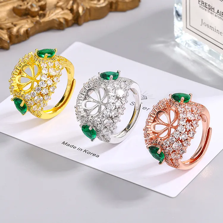 黄铜锆石戒指 厂家珍珠托戒指配件女性指环 DIY首饰材料现货批发