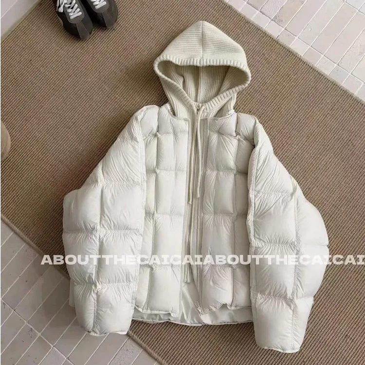 2025冬季新款时尚气质云朵泡关连帽长袖假两件棉服加厚女款外套女