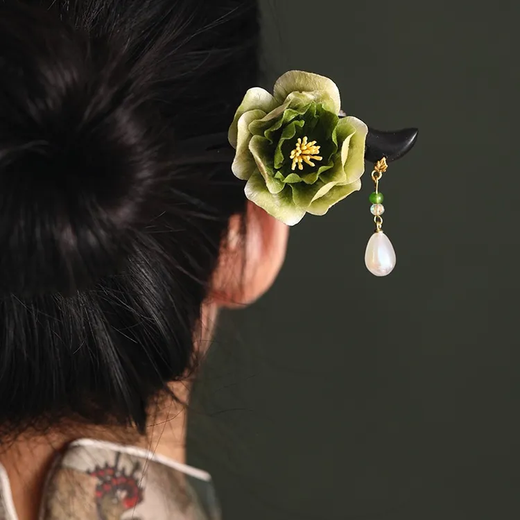 檀木u型发簪新中式古风女日常盘发簪国风汉服绒花发簪