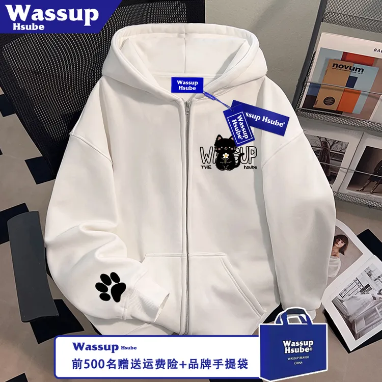 WASSUP HSUBE秋冬季男女开衫拉链连帽卫衣可爱黑猫爪印印花外套