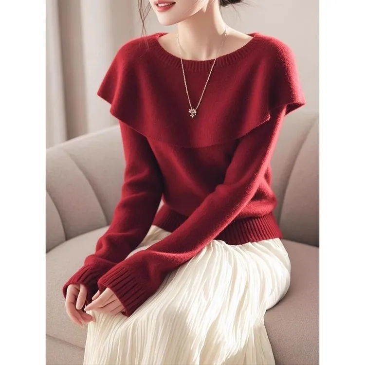 安可拉红色高级感软糯毛衣女早春新款氛围感新年红针织上衣潮