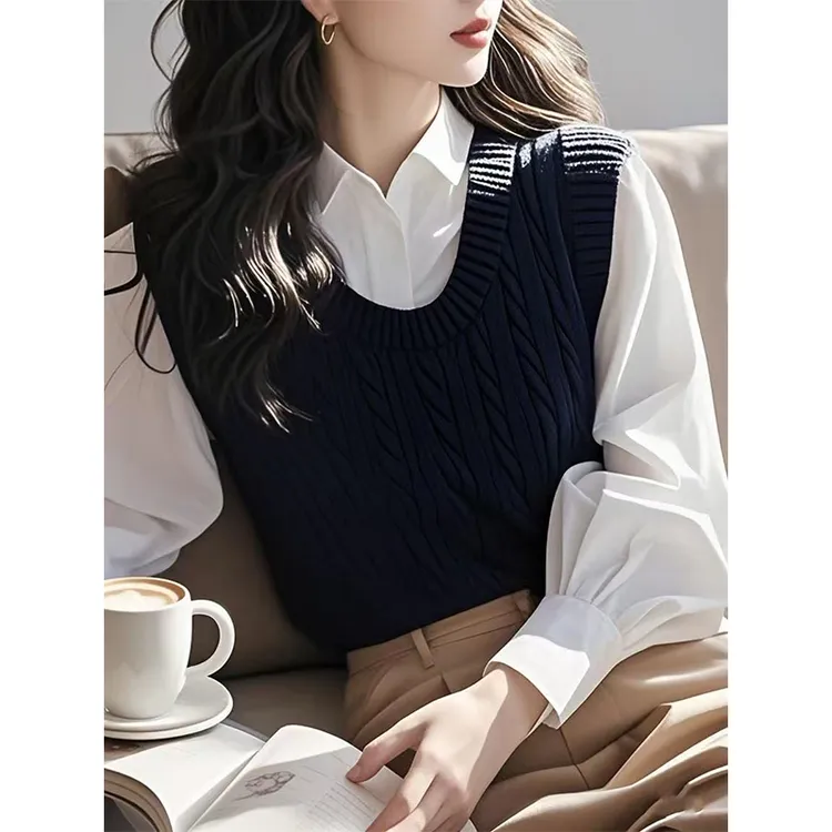 今年流行爆款独特超好看洋气别致设计感宽松白色衬衫背心三件套装